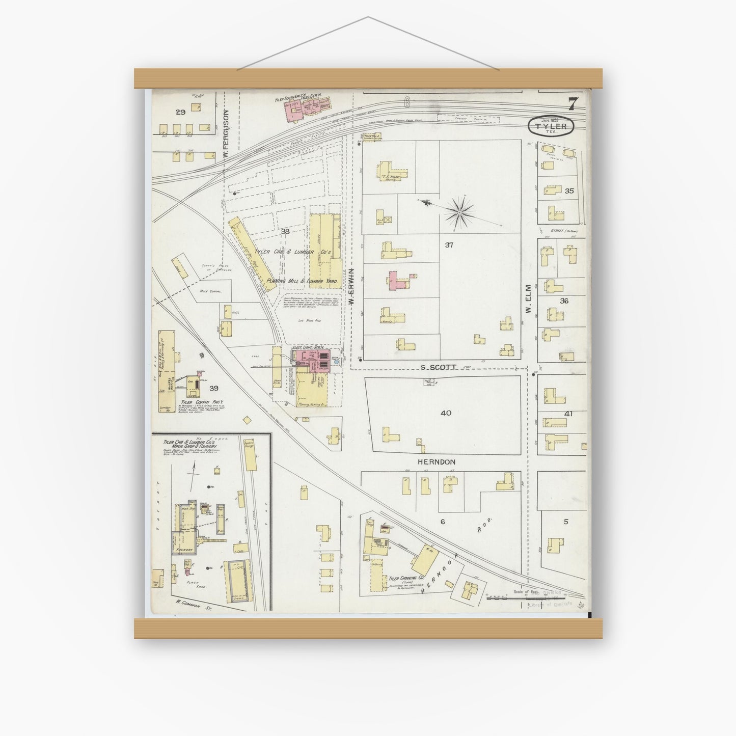 Old map wall art mockup — magnetic wood frame on white wall — Sanborn Fire Insurance Map from Tyler, Smith County, Texas (1893), Sheet #0007