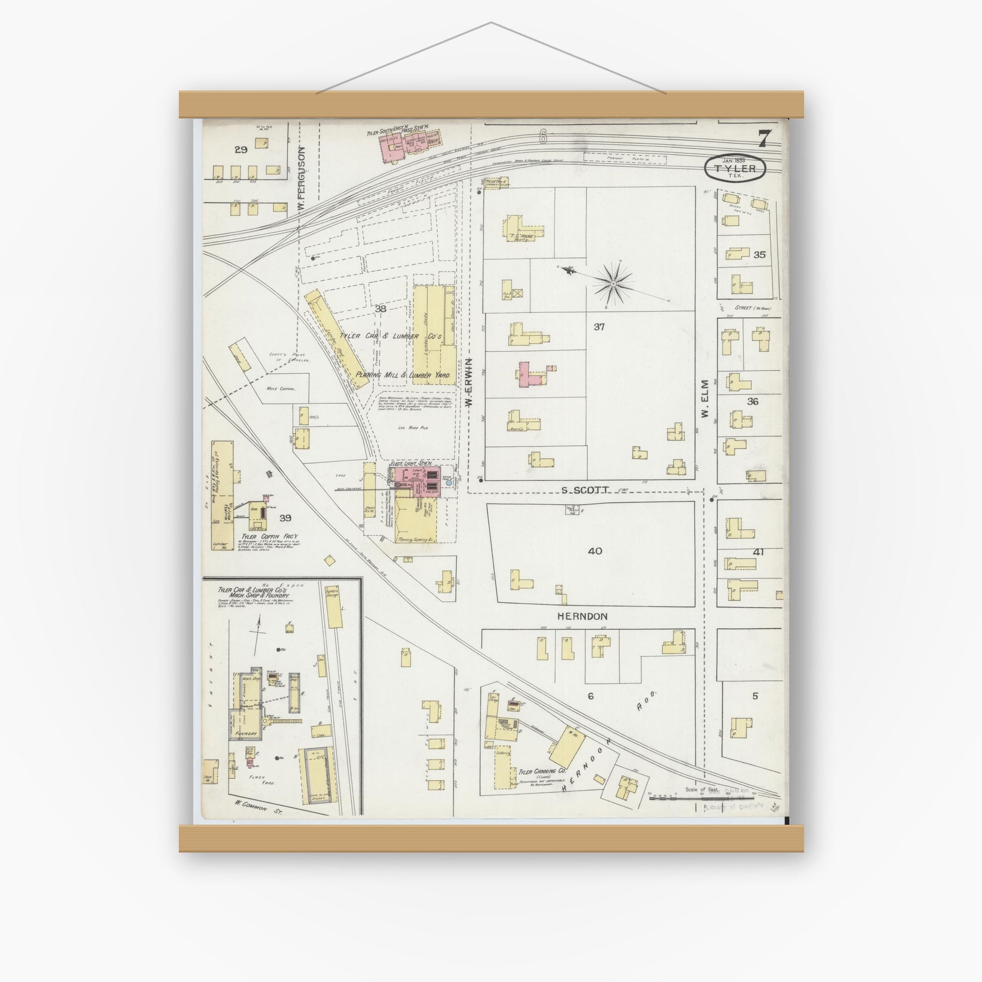 Old map wall art mockup — magnetic wood frame on white wall — Sanborn Fire Insurance Map from Tyler, Smith County, Texas (1893), Sheet #0007