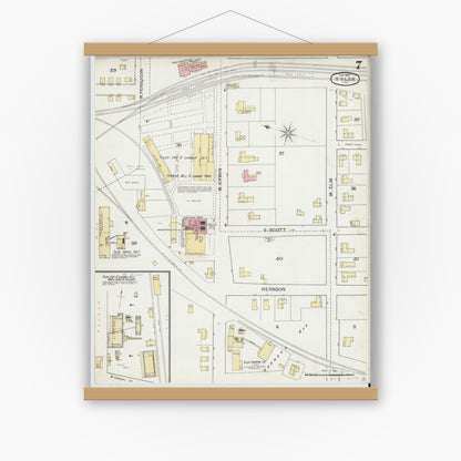 Old map wall art mockup — magnetic wood frame on white wall — Sanborn Fire Insurance Map from Tyler, Smith County, Texas (1893), Sheet #0007