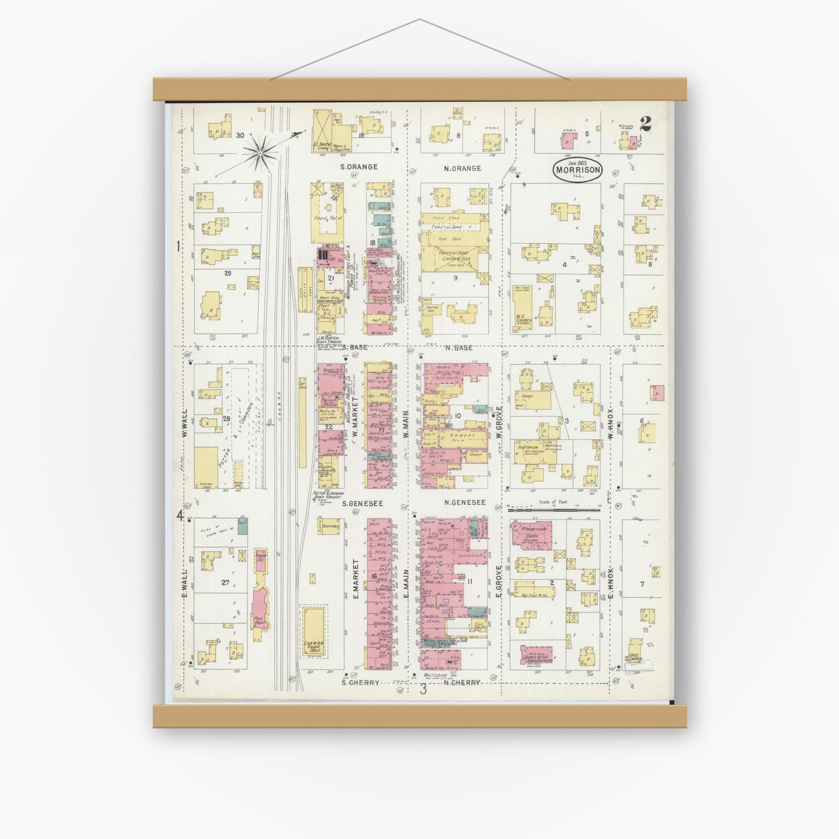 Old map wall art mockup — magnetic wood frame on white wall — Sanborn Fire Insurance Map from Morrison, Whiteside County, Illinois (1903), Sheet #0002