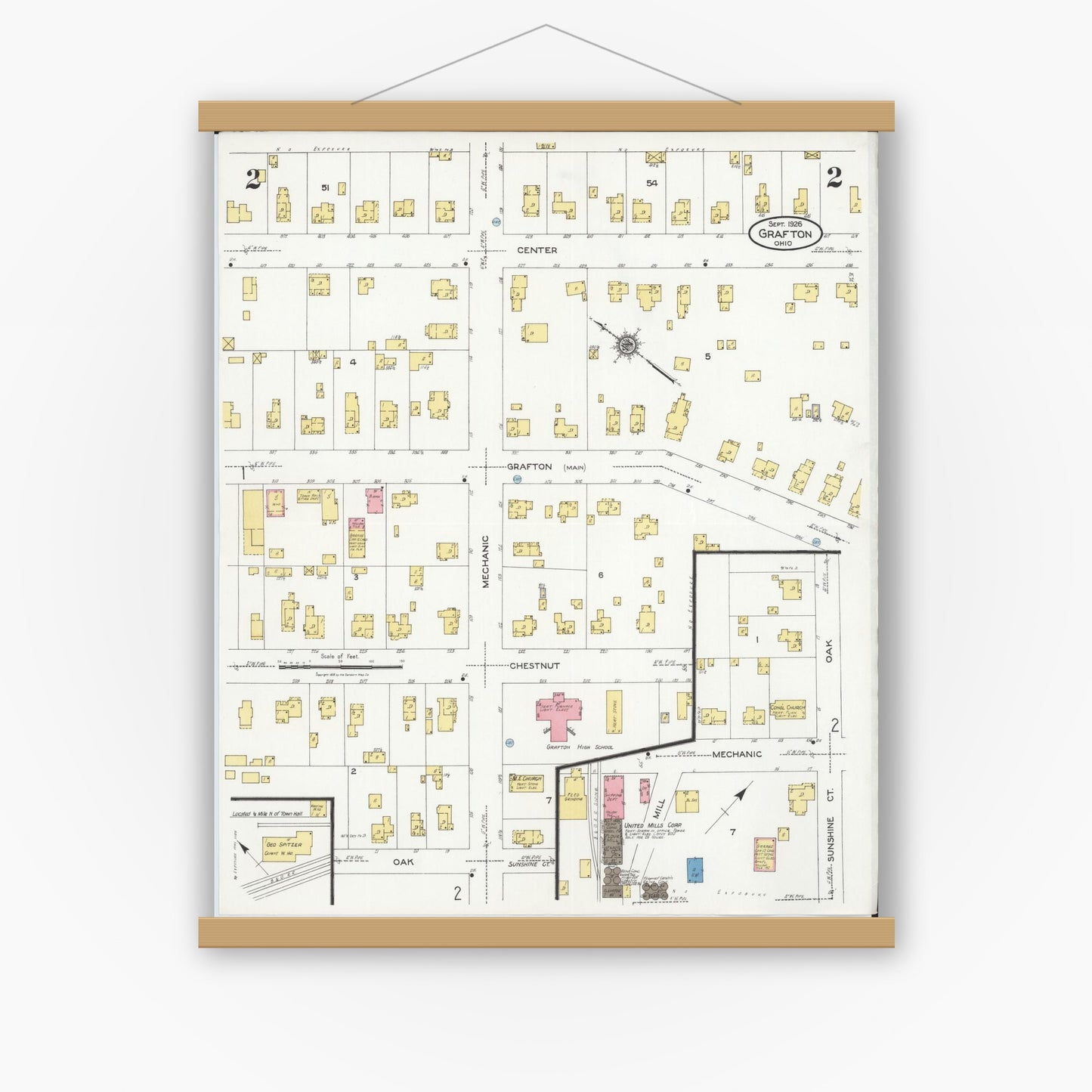 Old map wall art mockup — magnetic wood frame on white wall — Sanborn Fire Insurance Map from Grafton, Lorain County, Ohio (1926), Sheet #0002