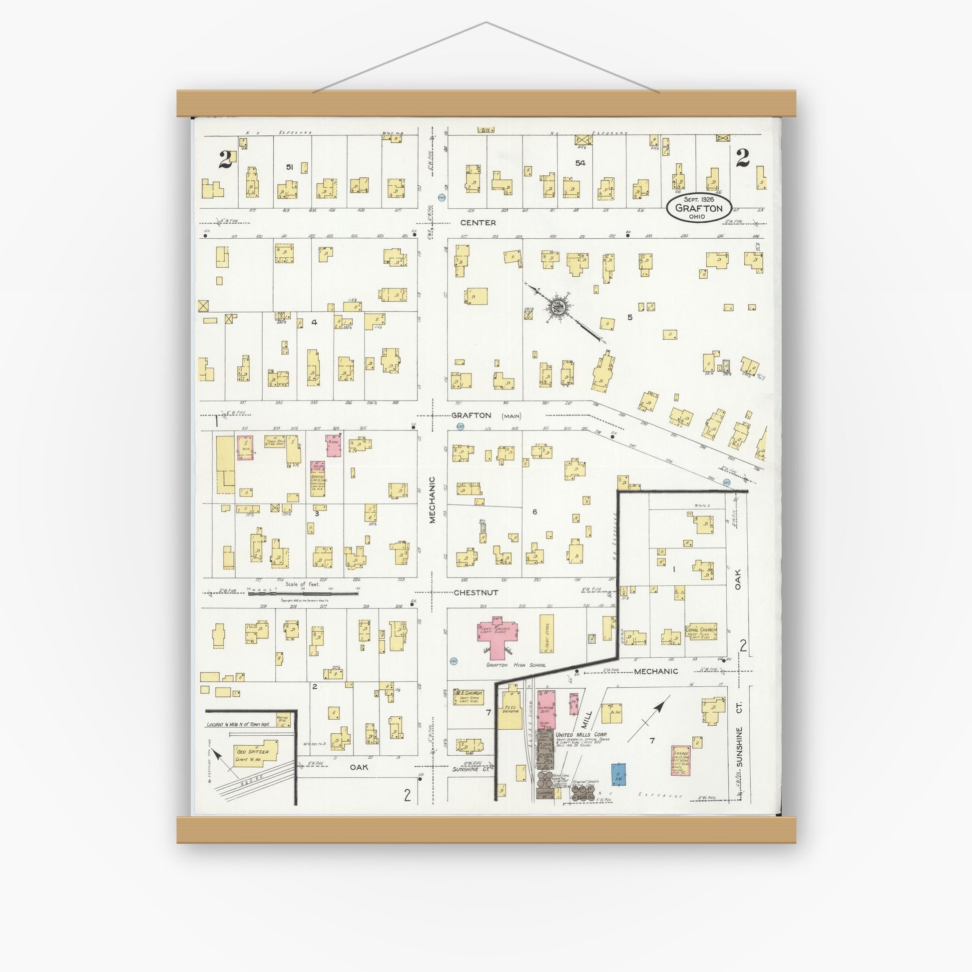 Old map wall art mockup — magnetic wood frame on white wall — Sanborn Fire Insurance Map from Grafton, Lorain County, Ohio (1926), Sheet #0002