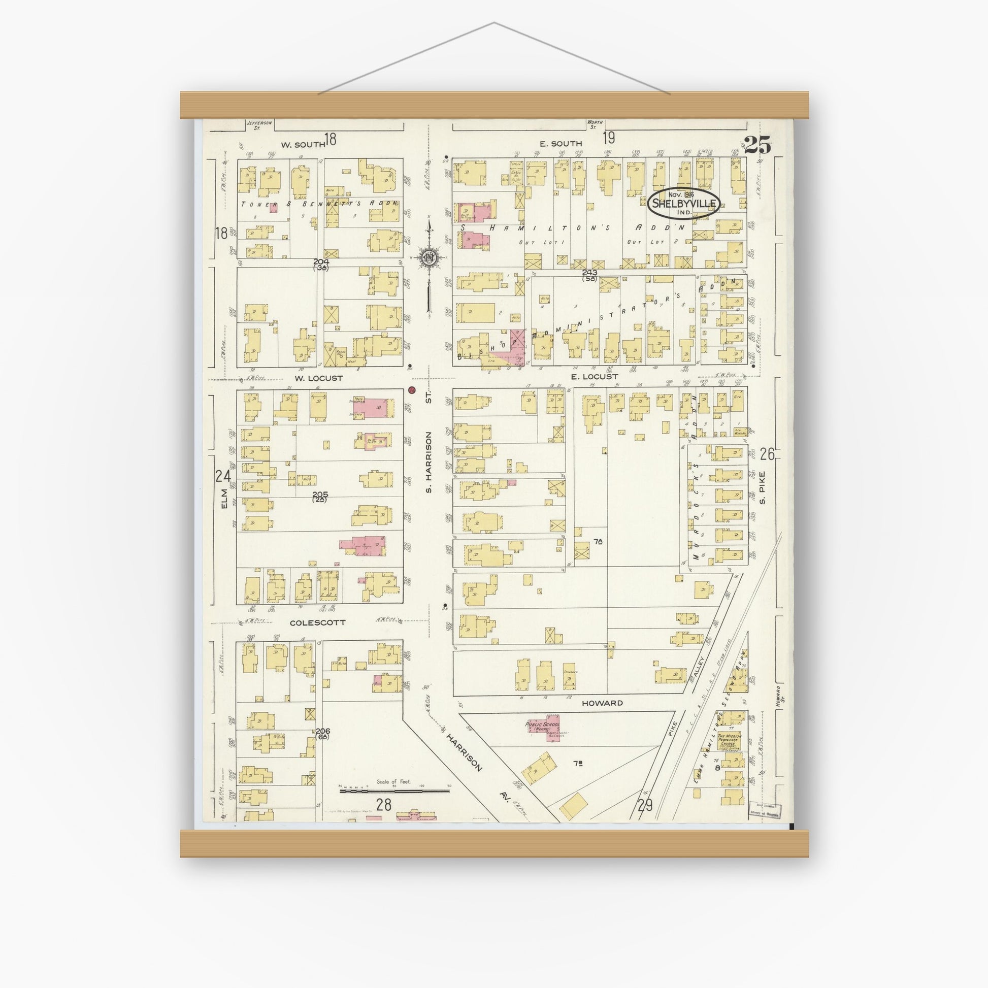 Old map wall art mockup — magnetic wood frame on white wall — Sanborn Fire Insurance Map from Shelbyville, Shelby County, Indiana (1916), Sheet #0025