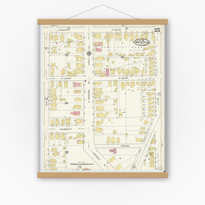 Old map wall art mockup — magnetic wood frame on white wall — Sanborn Fire Insurance Map from Shelbyville, Shelby County, Indiana (1916), Sheet #0025