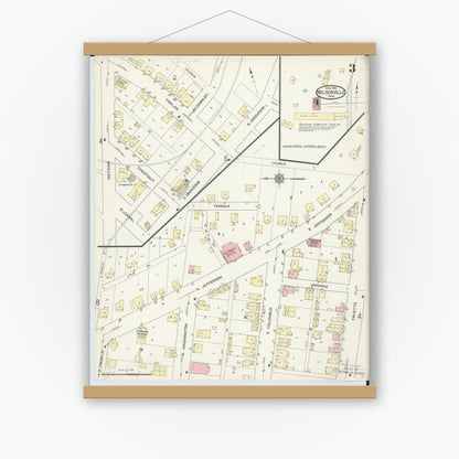 Old map wall art mockup — magnetic wood frame on white wall — Sanborn Fire Insurance Map from Nelsonville, Athens County, Ohio (1914), Sheet #0003