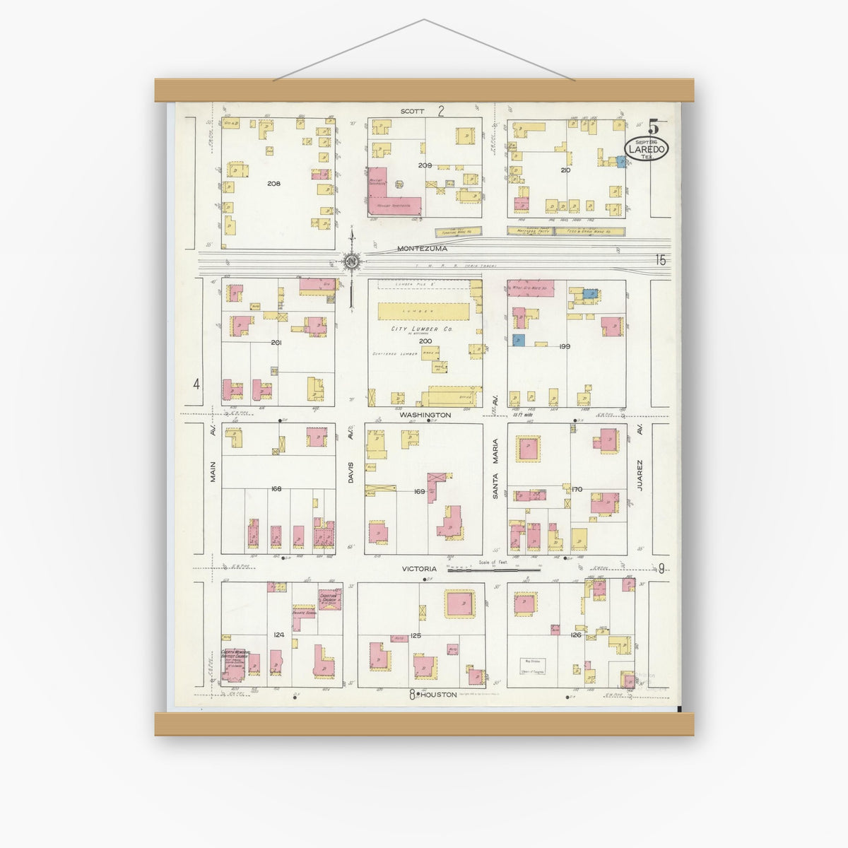 Old map wall art mockup — magnetic wood frame on white wall — Sanborn Fire Insurance Map from Laredo, Webb County, Texas (1916), Sheet #0005