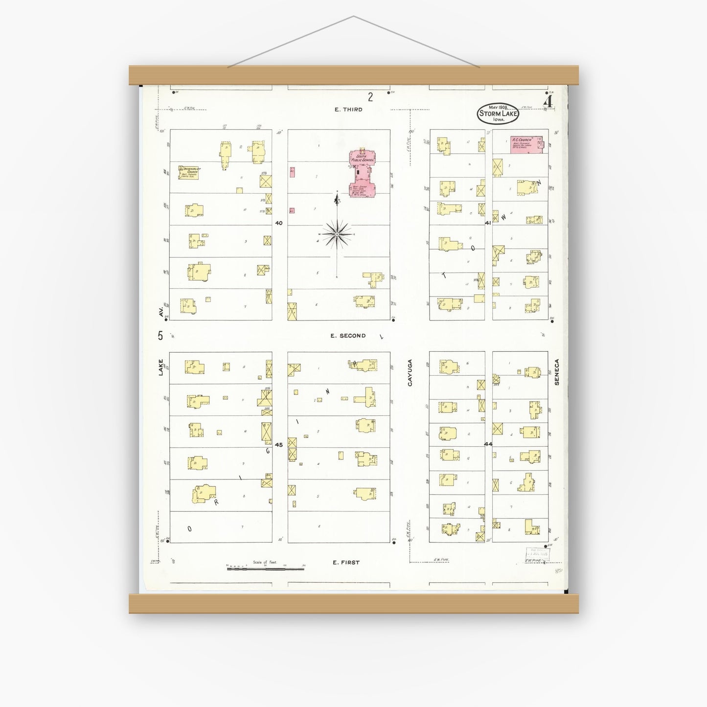 Old map wall art mockup — magnetic wood frame on white wall — Sanborn Fire Insurance Map from Storm Lake, Buena Vista County, Iowa (1909), Sheet #0004