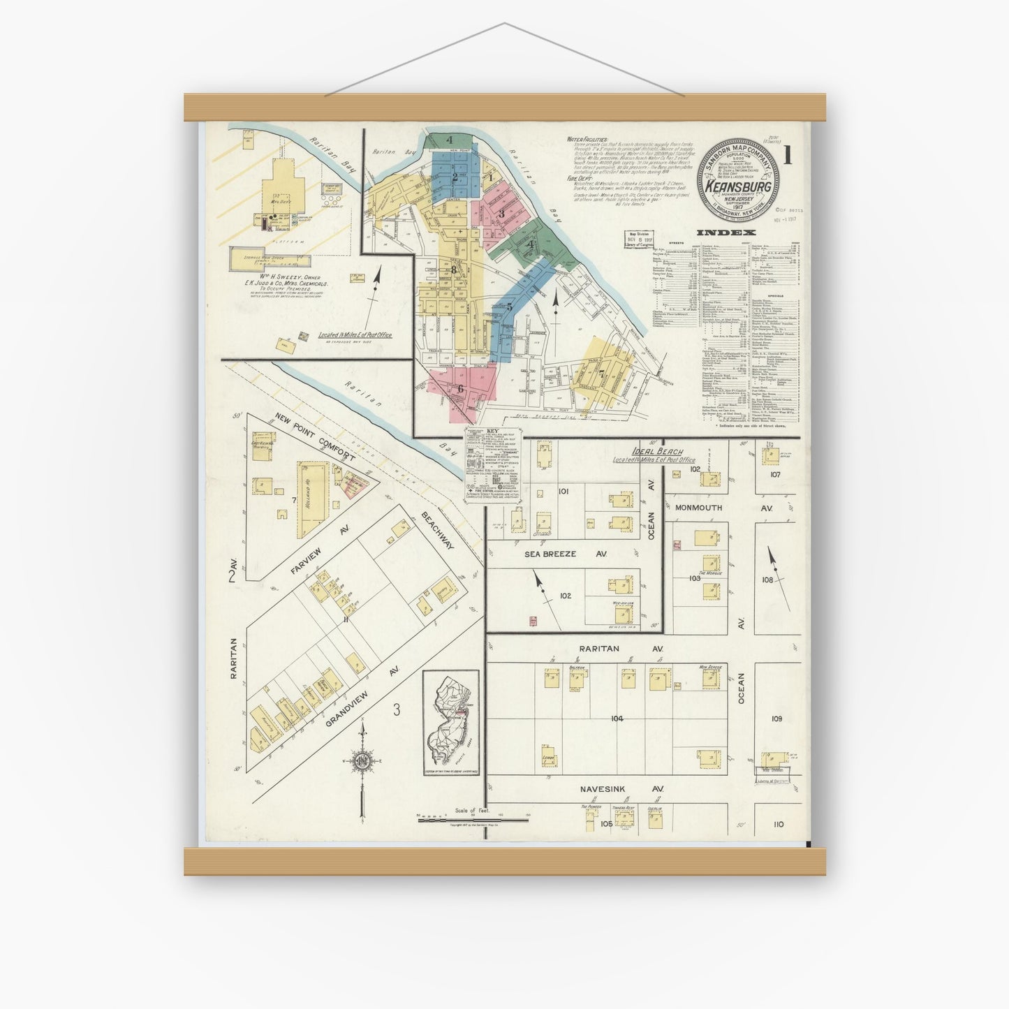 Old map wall art mockup — magnetic wood frame on white wall — Sanborn Fire Insurance Map from Keansburg, Monmouth County, New Jersey (1917), Sheet #0001