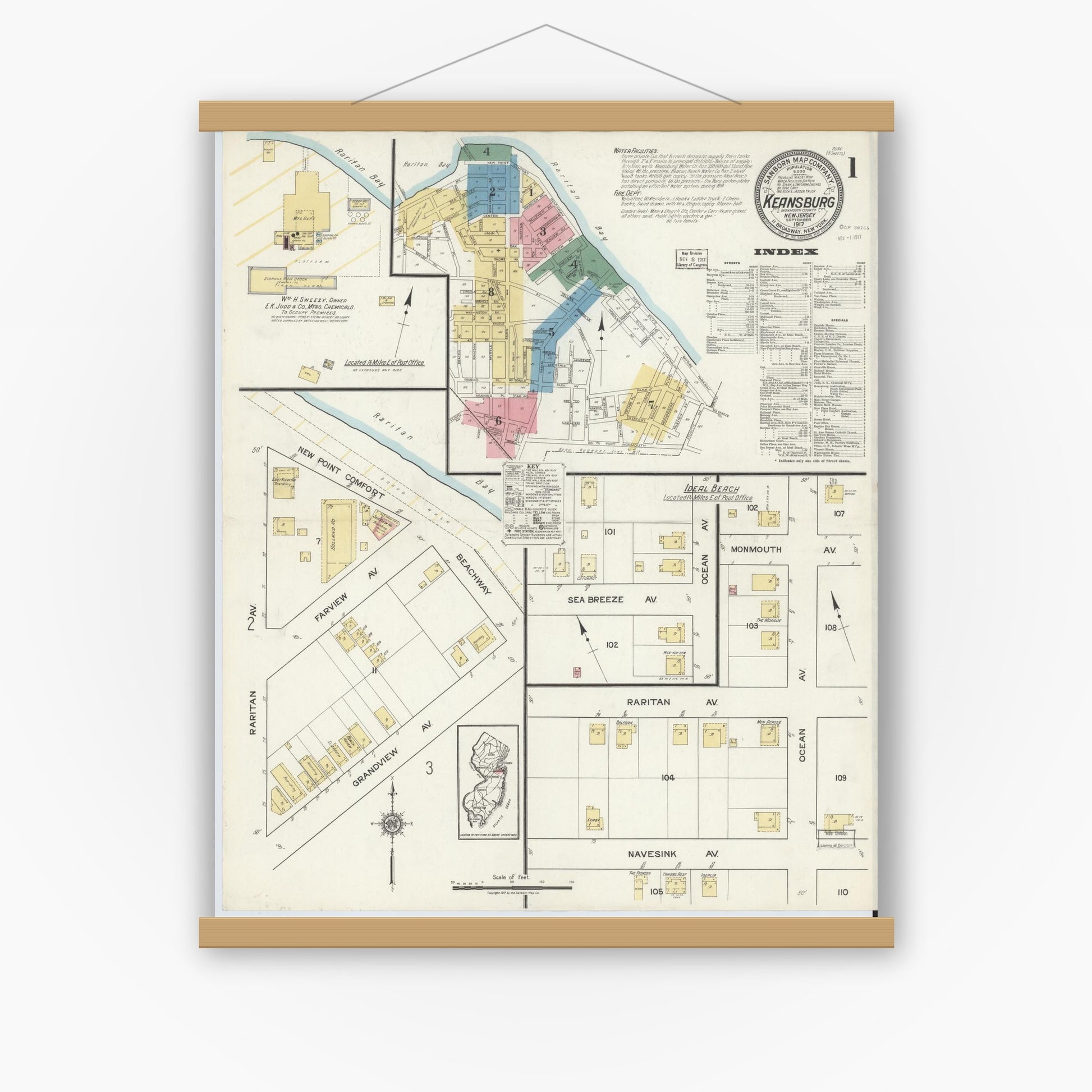 Old map wall art mockup — magnetic wood frame on white wall — Sanborn Fire Insurance Map from Keansburg, Monmouth County, New Jersey (1917), Sheet #0001