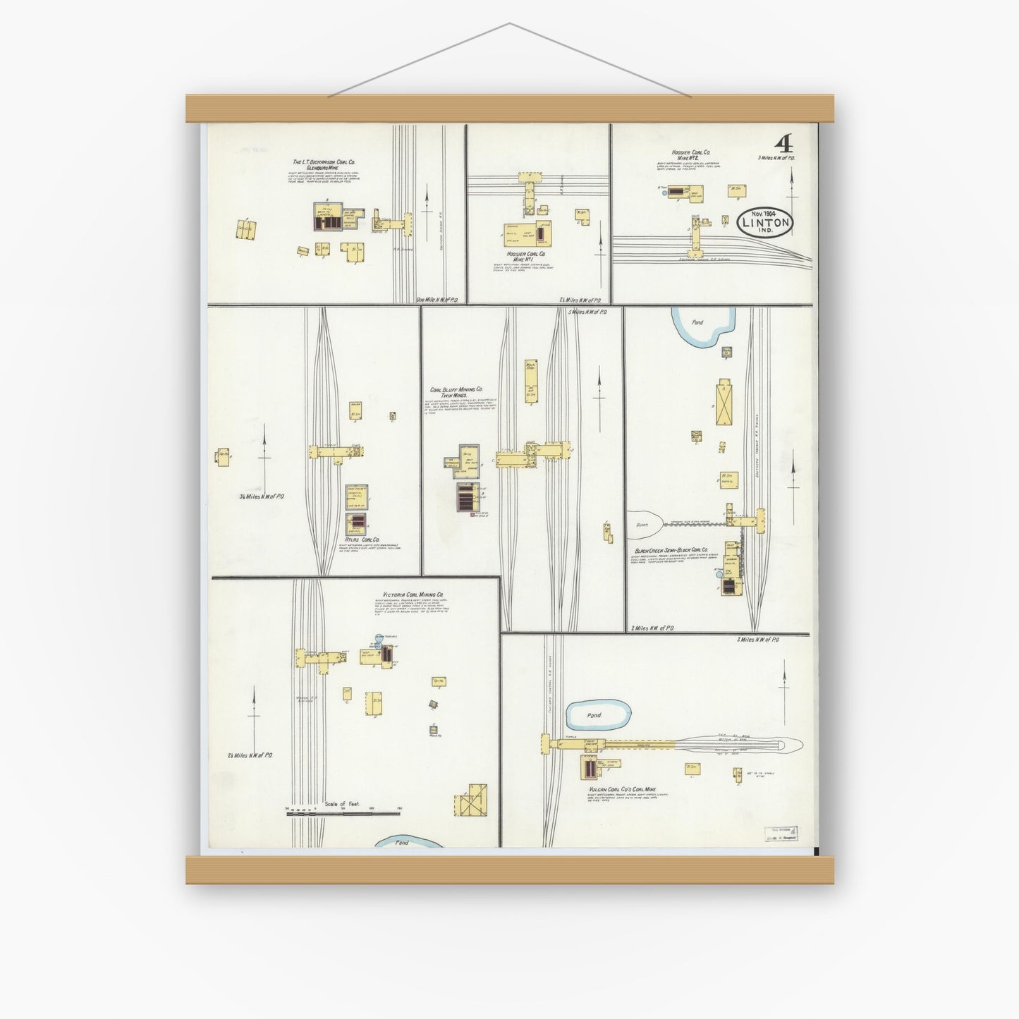 Old map wall art mockup — magnetic wood frame on white wall — Sanborn Fire Insurance Map from Linton, Greene County, Indiana (1904), Sheet #0004