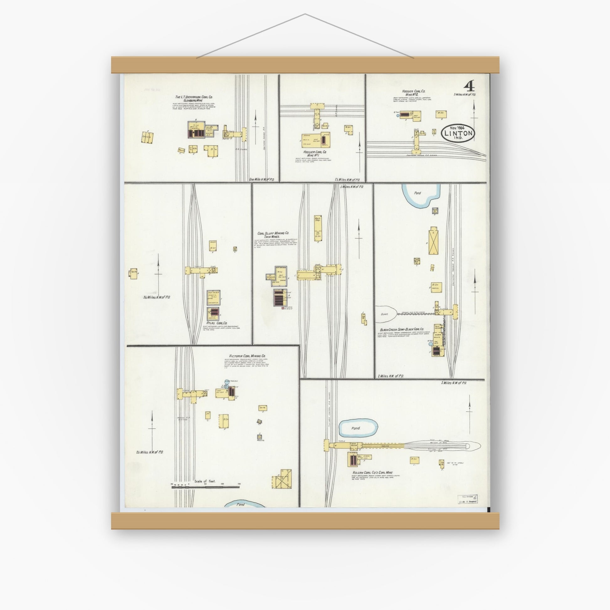Old map wall art mockup — magnetic wood frame on white wall — Sanborn Fire Insurance Map from Linton, Greene County, Indiana (1904), Sheet #0004