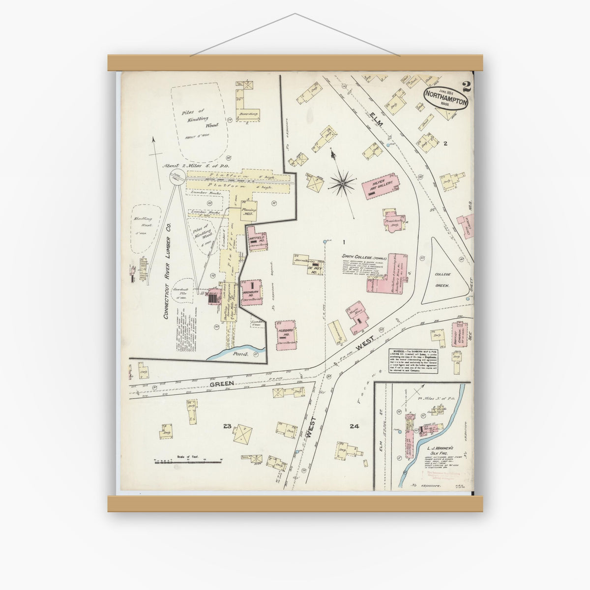 Old map wall art mockup — magnetic wood frame on white wall — Sanborn Fire Insurance Map from Northampton, Hampshire County, Massachusetts (1884), Sheet #0002