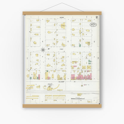 Old map wall art mockup — magnetic wood frame on white wall — Sanborn Fire Insurance Map from Macon, Macon County, Illinois (1899), Sheet #0002