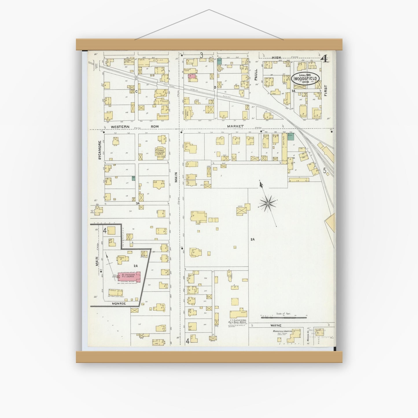 Old map wall art mockup — magnetic wood frame on white wall — Sanborn Fire Insurance Map from Woodsfield, Monroe County, Ohio (1905), Sheet #0004