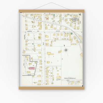 Old map wall art mockup — magnetic wood frame on white wall — Sanborn Fire Insurance Map from Woodsfield, Monroe County, Ohio (1905), Sheet #0004