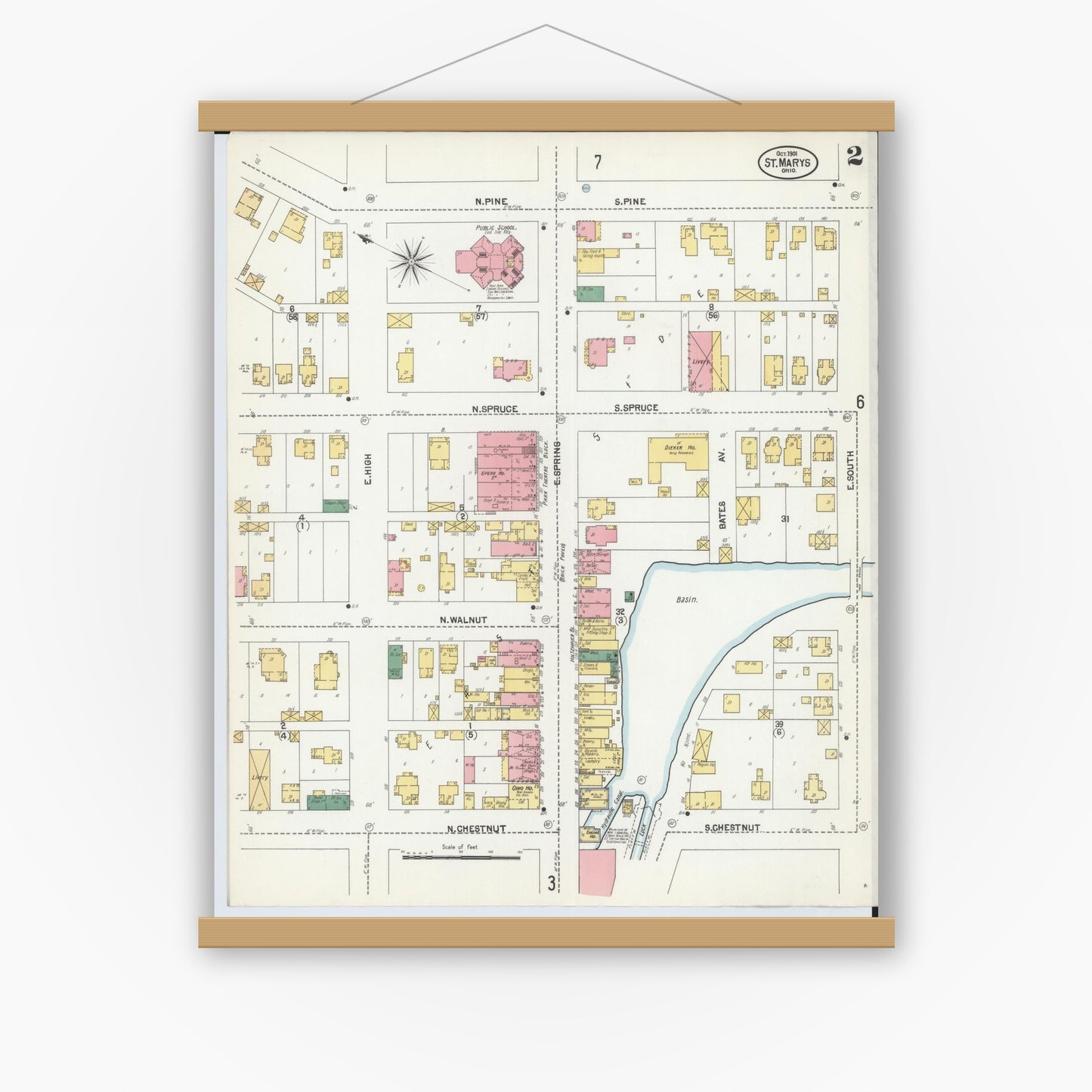 Old map wall art mockup — magnetic wood frame on white wall — Sanborn Fire Insurance Map from Saint Marys, Auglaize County, Ohio (1901), Sheet #0002
