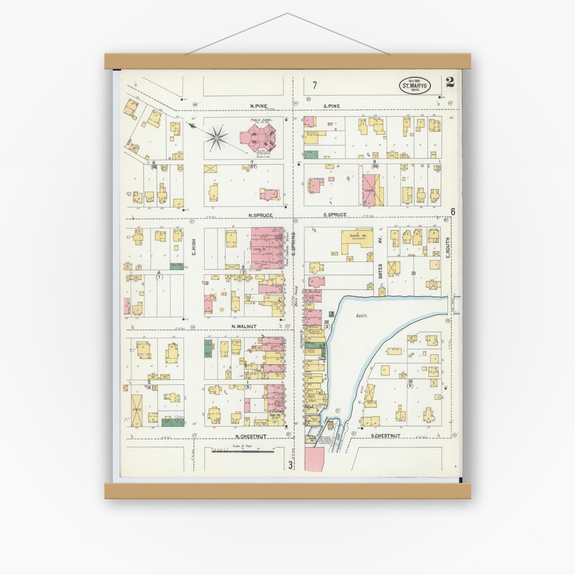 Old map wall art mockup — magnetic wood frame on white wall — Sanborn Fire Insurance Map from Saint Marys, Auglaize County, Ohio (1901), Sheet #0002