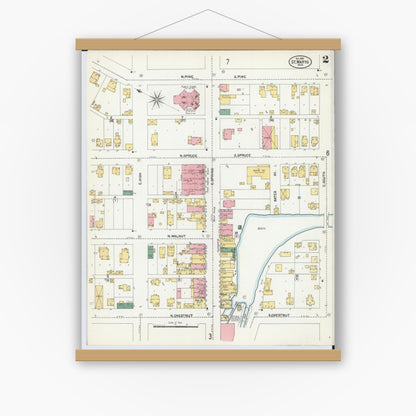 Old map wall art mockup — magnetic wood frame on white wall — Sanborn Fire Insurance Map from Saint Marys, Auglaize County, Ohio (1901), Sheet #0002