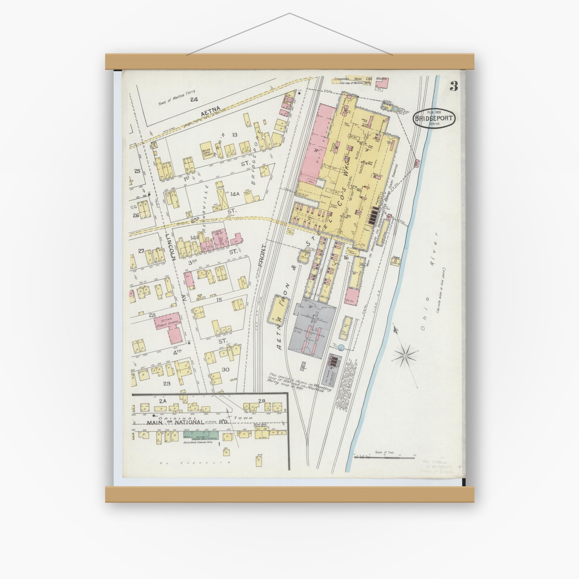 Old map wall art mockup — magnetic wood frame on white wall — Sanborn Fire Insurance Map from Bridgeport, Belmont County, Ohio (1893), Sheet #0003