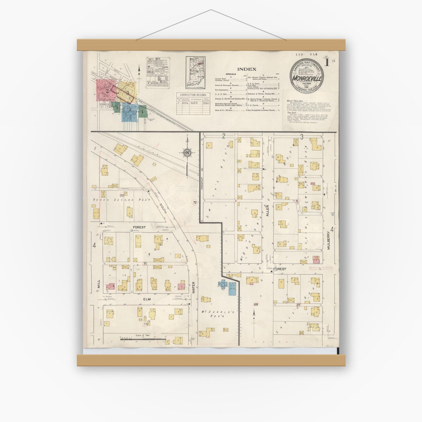 Old map wall art mockup — magnetic wood frame on white wall — Sanborn Fire Insurance Map from Monroeville, Allen County, Indiana (1932) - Complete Map Set