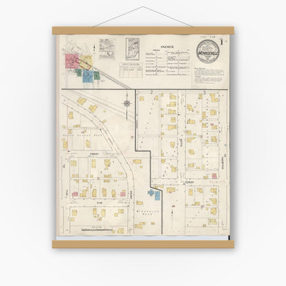 Old map wall art mockup — magnetic wood frame on white wall — Sanborn Fire Insurance Map from Monroeville, Allen County, Indiana (1932) - Complete Map Set