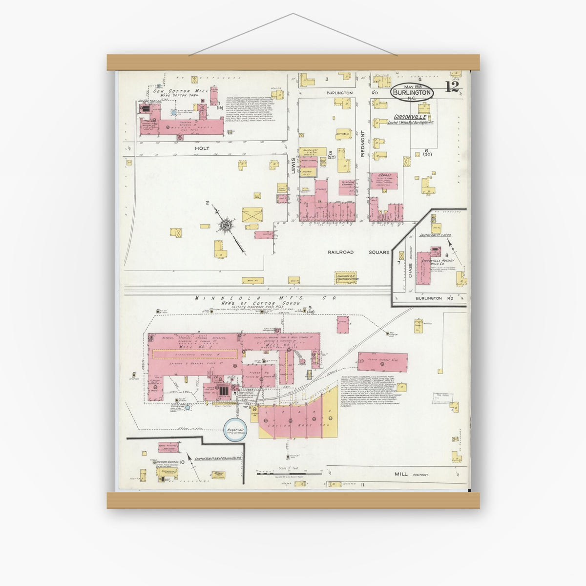 Old map wall art mockup — magnetic wood frame on white wall — Sanborn Fire Insurance Map from Burlington, Alamance County, North Carolina (1918), Sheet #0012