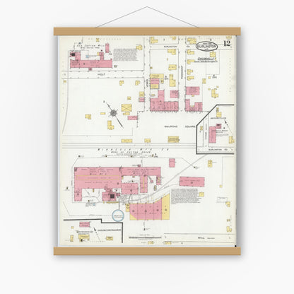 Old map wall art mockup — magnetic wood frame on white wall — Sanborn Fire Insurance Map from Burlington, Alamance County, North Carolina (1918), Sheet #0012