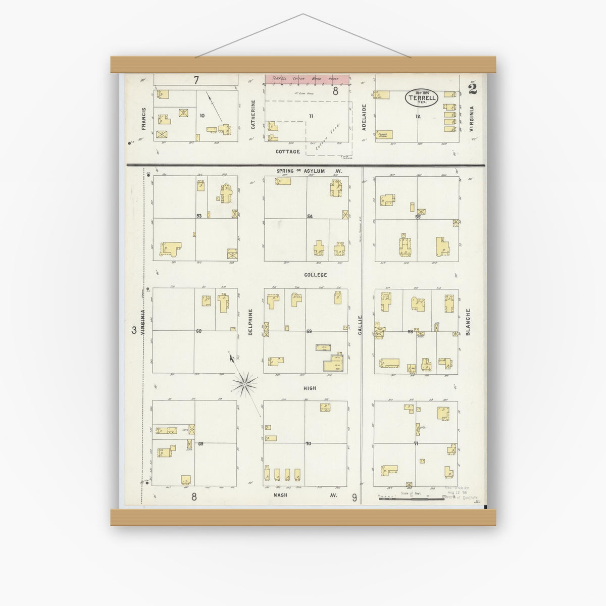 Old map wall art mockup — magnetic wood frame on white wall — Sanborn Fire Insurance Map from Terrell, Kaufman County, Texas (1897), Sheet #0002