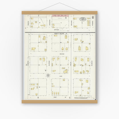 Old map wall art mockup — magnetic wood frame on white wall — Sanborn Fire Insurance Map from Terrell, Kaufman County, Texas (1897), Sheet #0002