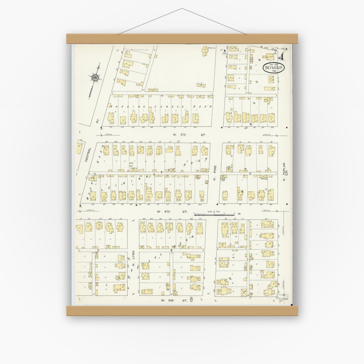 Old map wall art mockup — magnetic wood frame on white wall — Sanborn Fire Insurance Map from Seymour, Jackson County, Indiana (1913), Sheet #0004