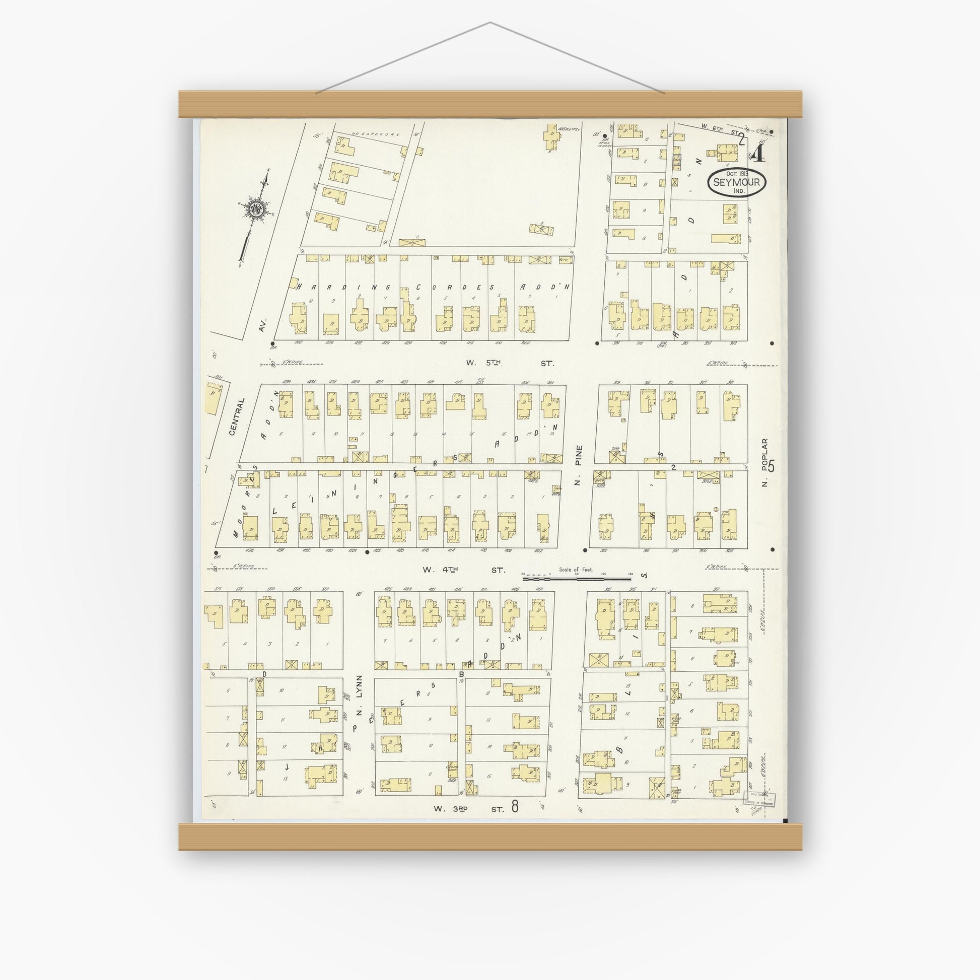 Old map wall art mockup — magnetic wood frame on white wall — Sanborn Fire Insurance Map from Seymour, Jackson County, Indiana (1913), Sheet #0004