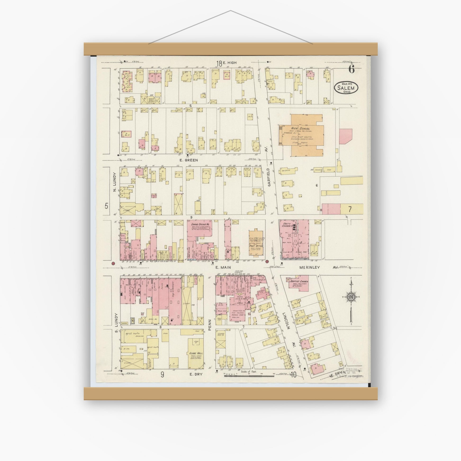 Old map wall art mockup — magnetic wood frame on white wall — Sanborn Fire Insurance Map from Salem, Columbiana County, Ohio (1915), Sheet #0006