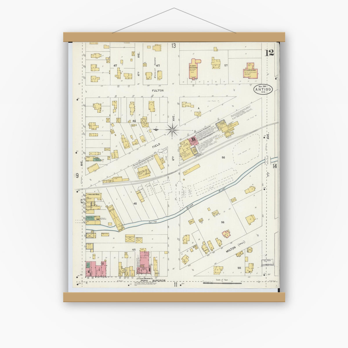 Old map wall art mockup — magnetic wood frame on white wall — Sanborn Fire Insurance Map from Antigo, Langlade County, Wisconsin (1904), Sheet #0012