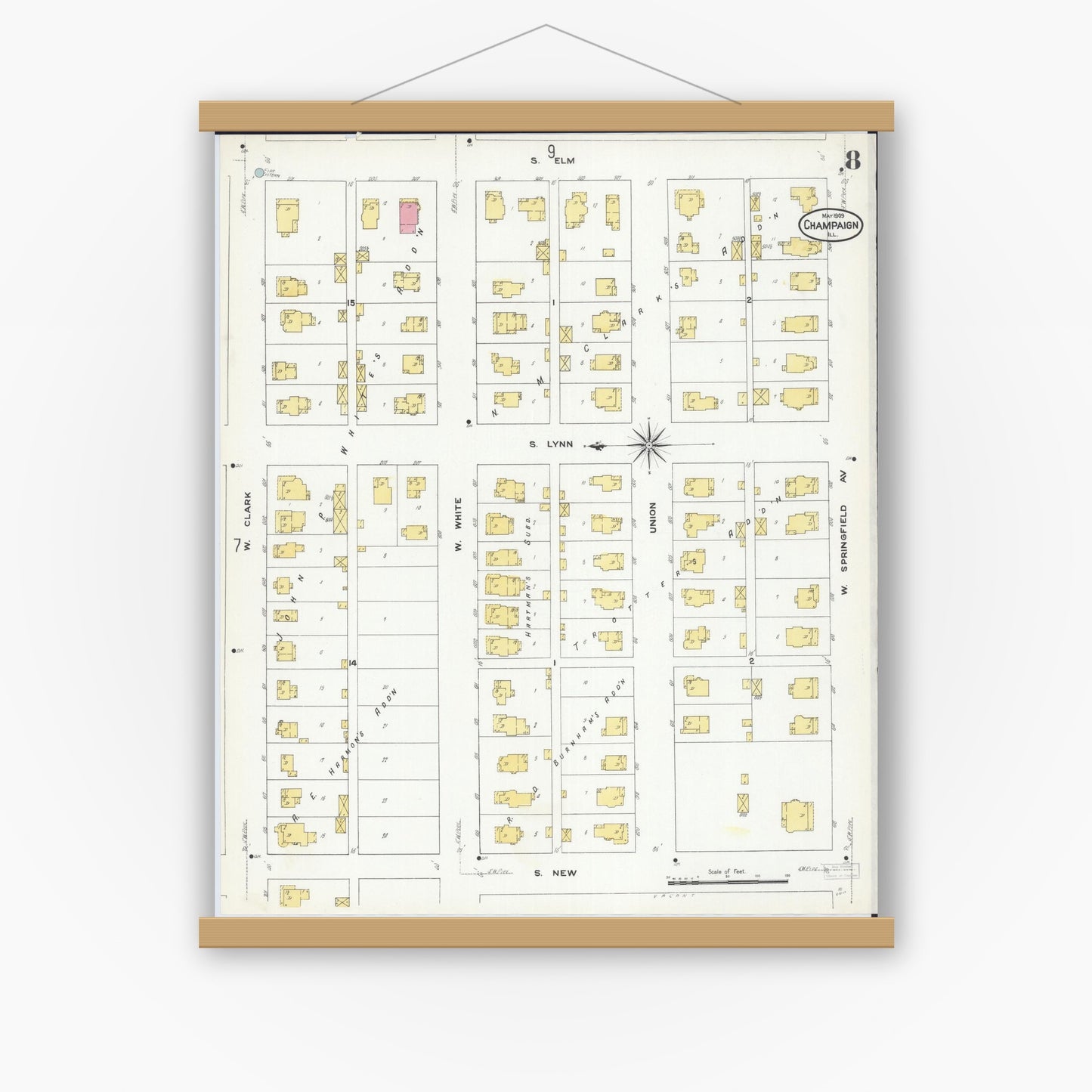 Old map wall art mockup — magnetic wood frame on white wall — Sanborn Fire Insurance Map from Champaign, Champaign County, Illinois (1909), Sheet #0008