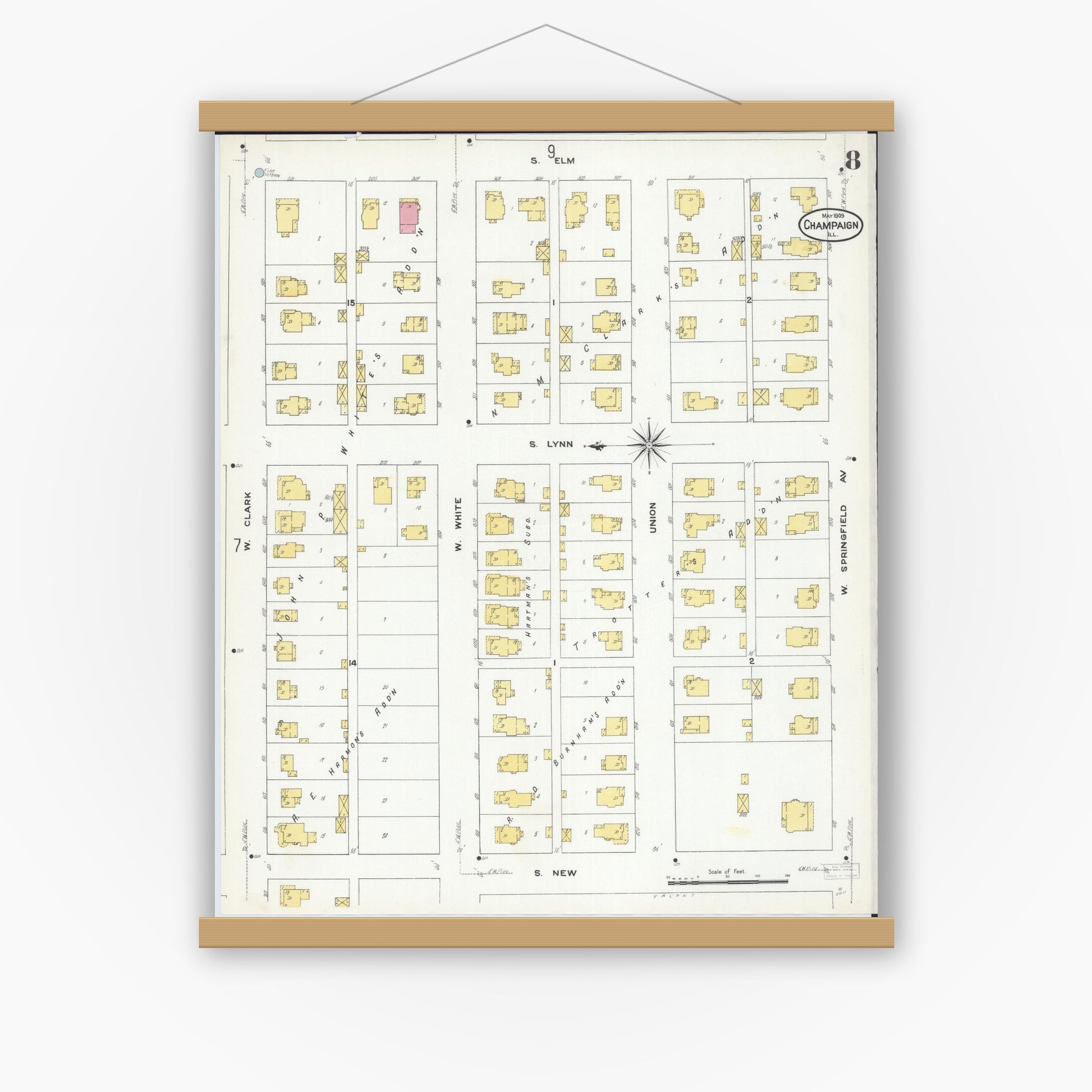 Old map wall art mockup — magnetic wood frame on white wall — Sanborn Fire Insurance Map from Champaign, Champaign County, Illinois (1909), Sheet #0008