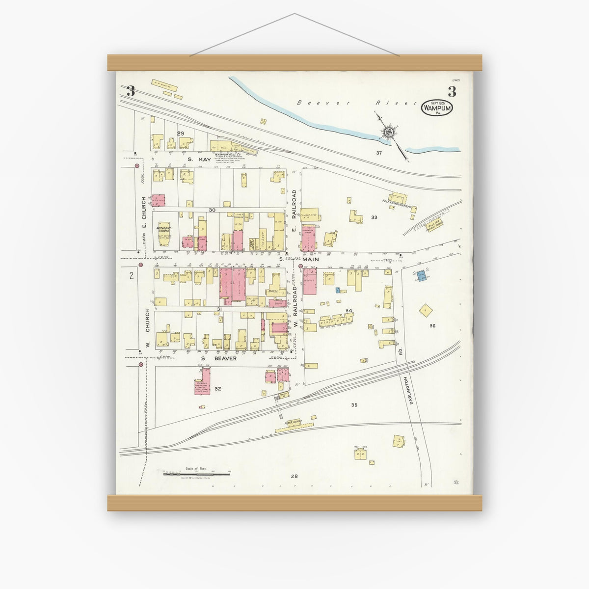 Old map wall art mockup — magnetic wood frame on white wall — Sanborn Fire Insurance Map from Wampum, Lawrence County, Pennsylvania (1925), Sheet #0003