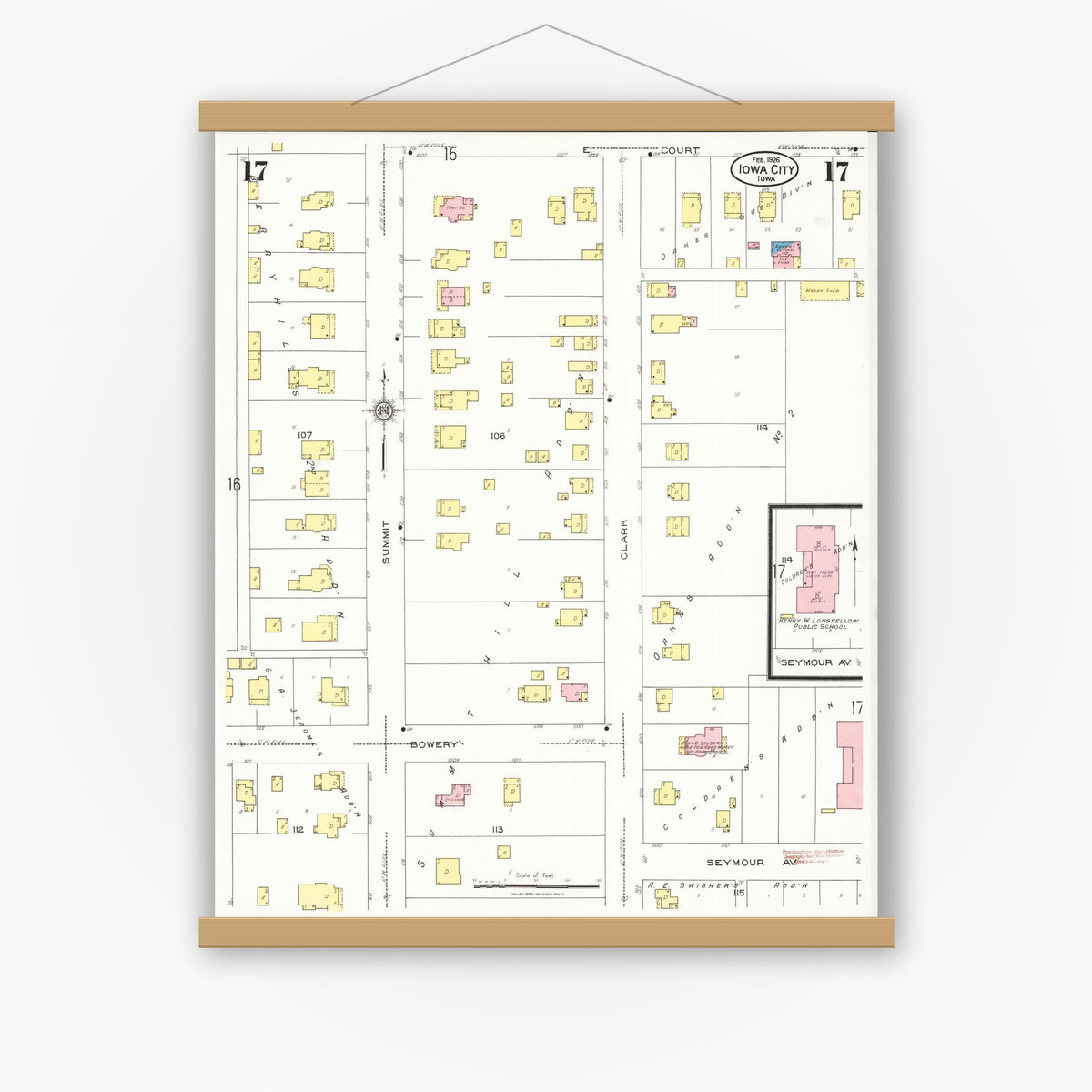 Old map wall art mockup — magnetic wood frame on white wall — Sanborn Fire Insurance Map from Iowa City, Johnson County, Iowa (1926), Sheet #0017