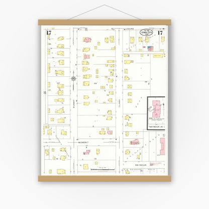 Old map wall art mockup — magnetic wood frame on white wall — Sanborn Fire Insurance Map from Iowa City, Johnson County, Iowa (1926), Sheet #0017