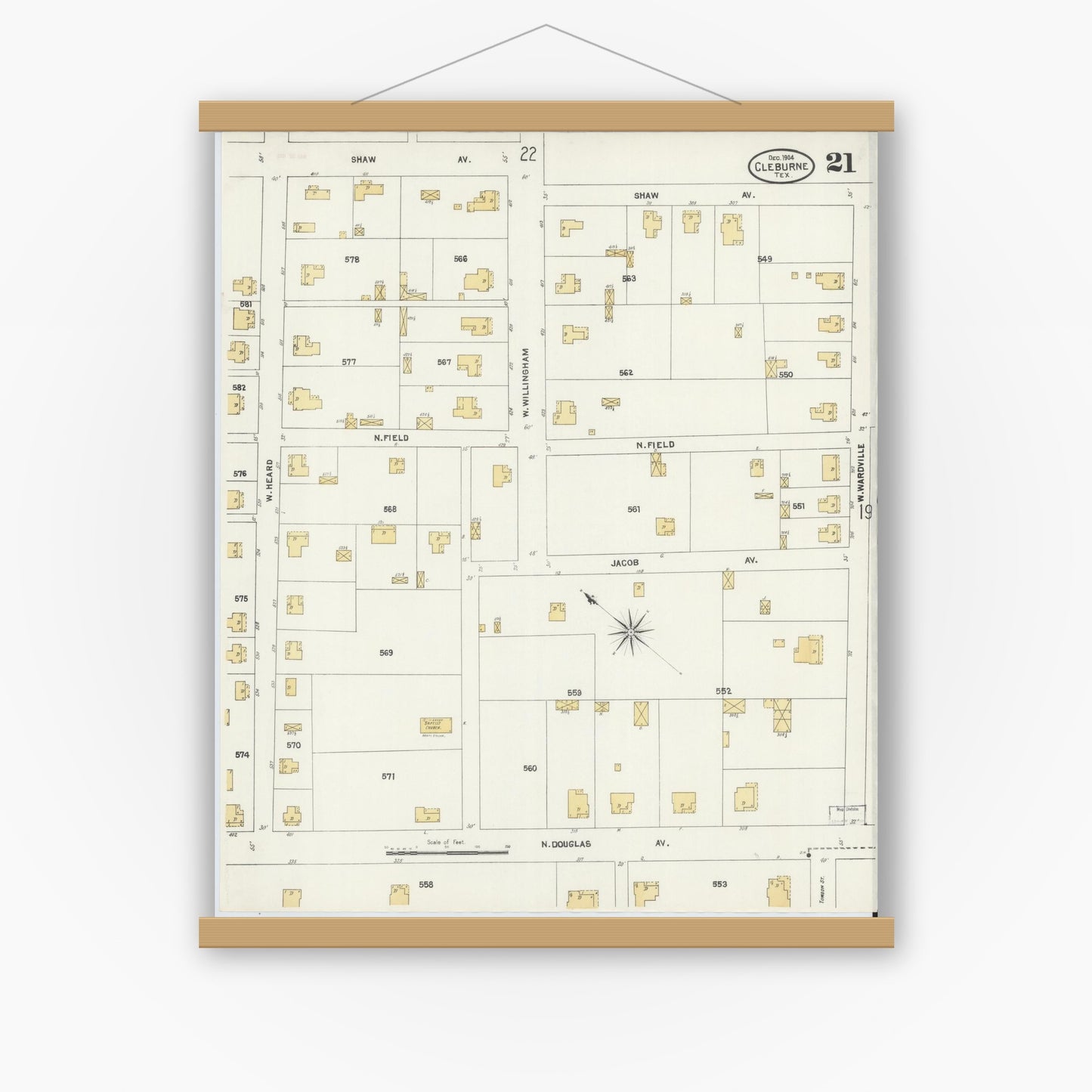 Old map wall art mockup — magnetic wood frame on white wall — Sanborn Fire Insurance Map from Cleburne, Johnson County, Texas (1904), Sheet #0021