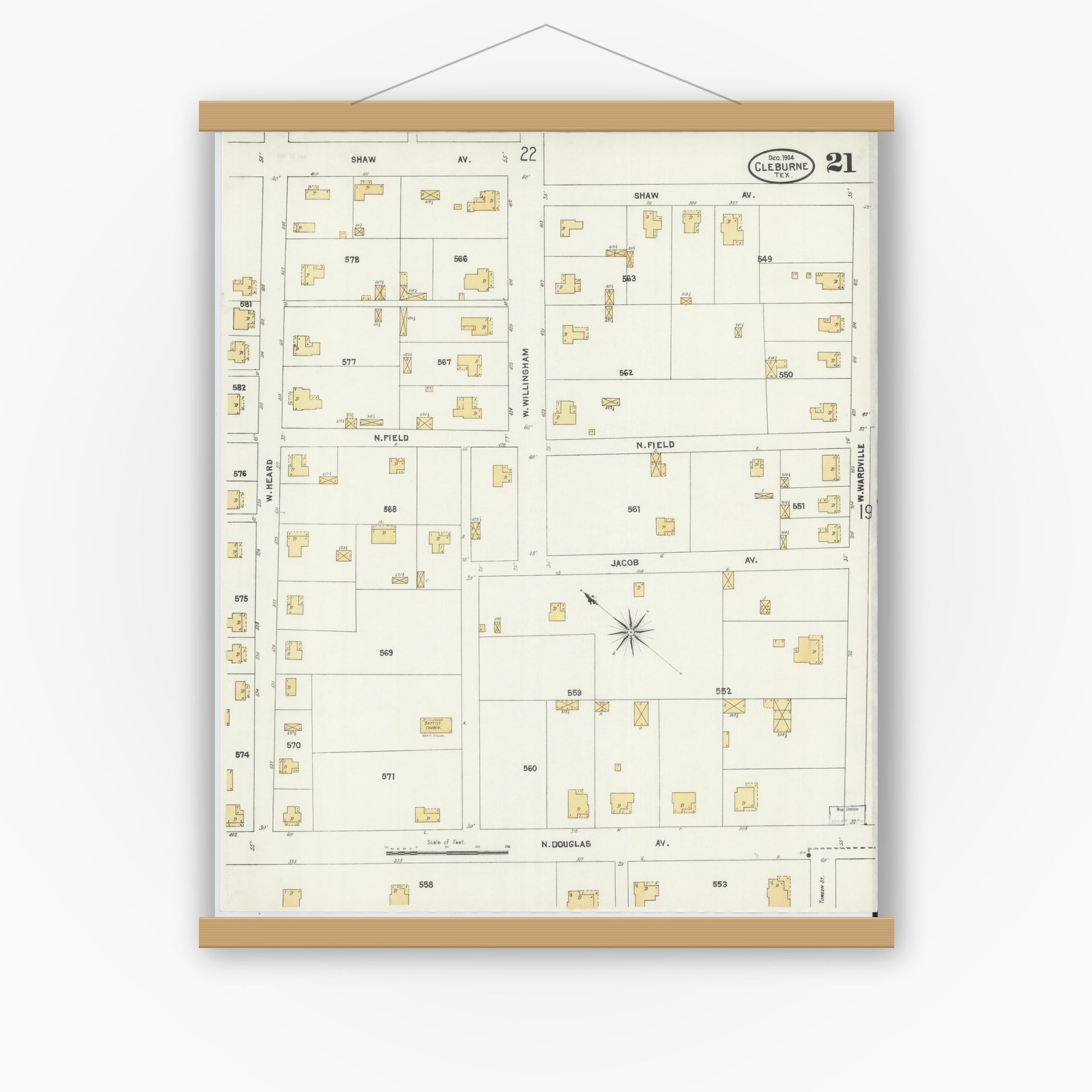 Old map wall art mockup — magnetic wood frame on white wall — Sanborn Fire Insurance Map from Cleburne, Johnson County, Texas (1904), Sheet #0021