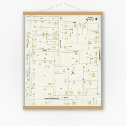Old map wall art mockup — magnetic wood frame on white wall — Sanborn Fire Insurance Map from Cleburne, Johnson County, Texas (1904), Sheet #0021