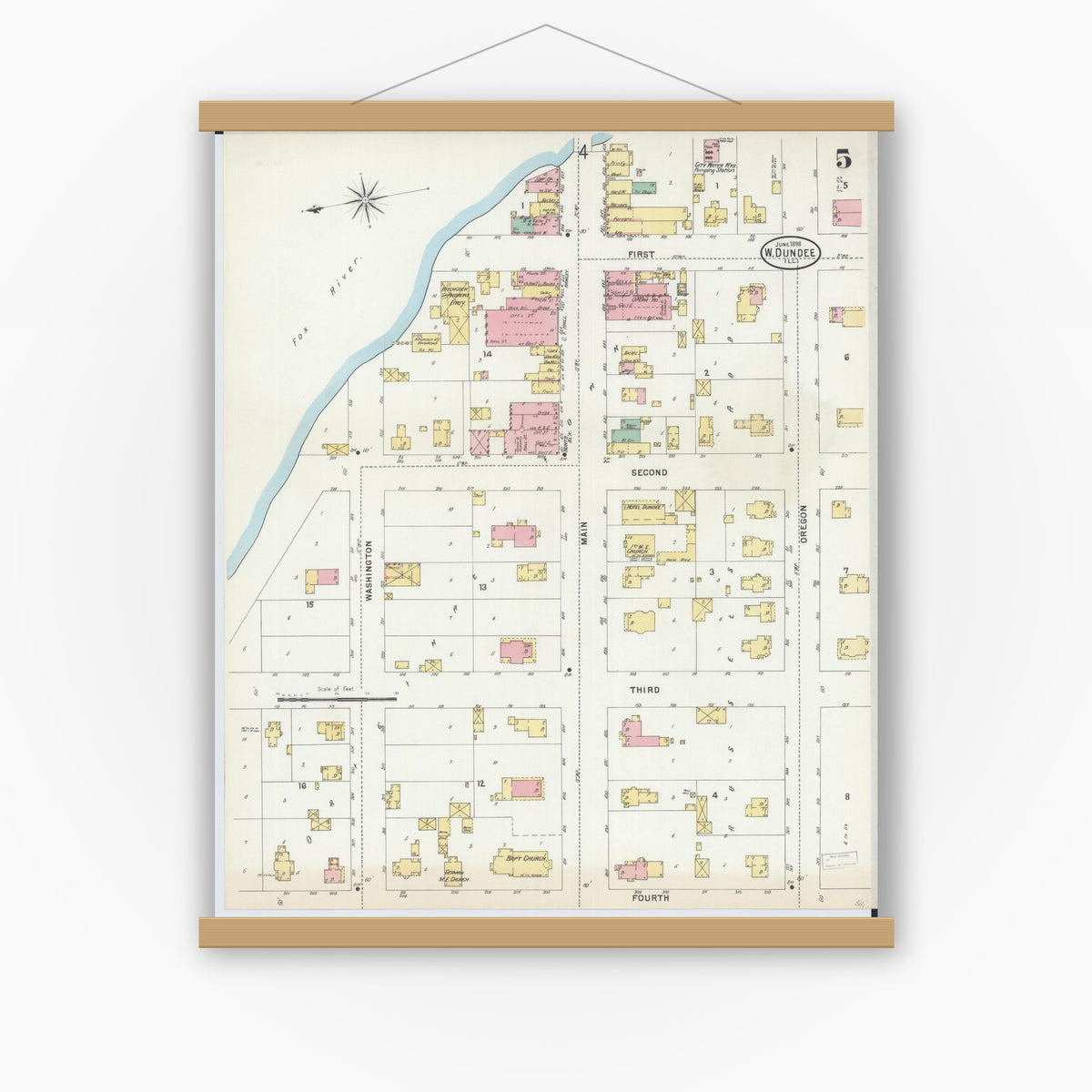 Old map wall art mockup — magnetic wood frame on white wall — Sanborn Fire Insurance Map from Dundee, Kane County, Illinois (1898), Sheet #0005