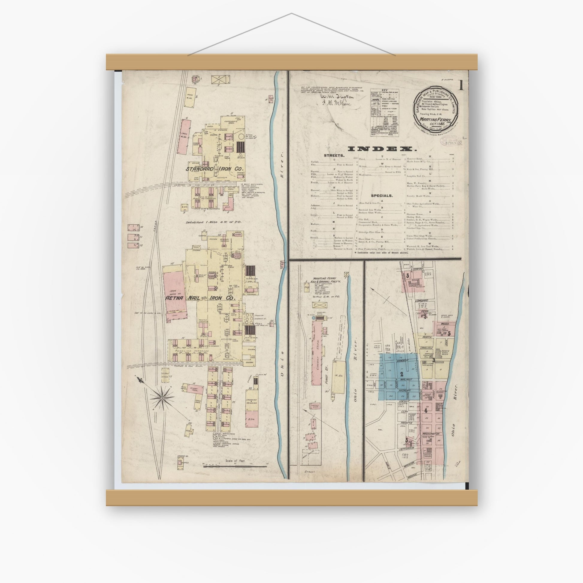 Old map wall art mockup — magnetic wood frame on white wall — Sanborn Fire Insurance Map from Martins Ferry, Belmont County, Ohio (Unknown), Sheet #0001