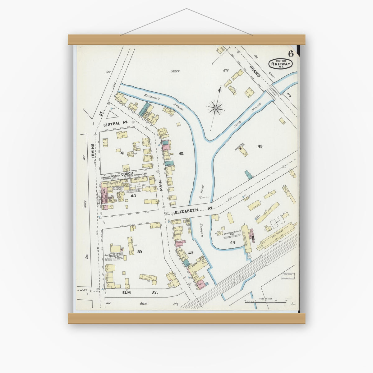 Old map wall art mockup — magnetic wood frame on white wall — Sanborn Fire Insurance Map from Rahway, Union County, New Jersey (1891), Sheet #0006