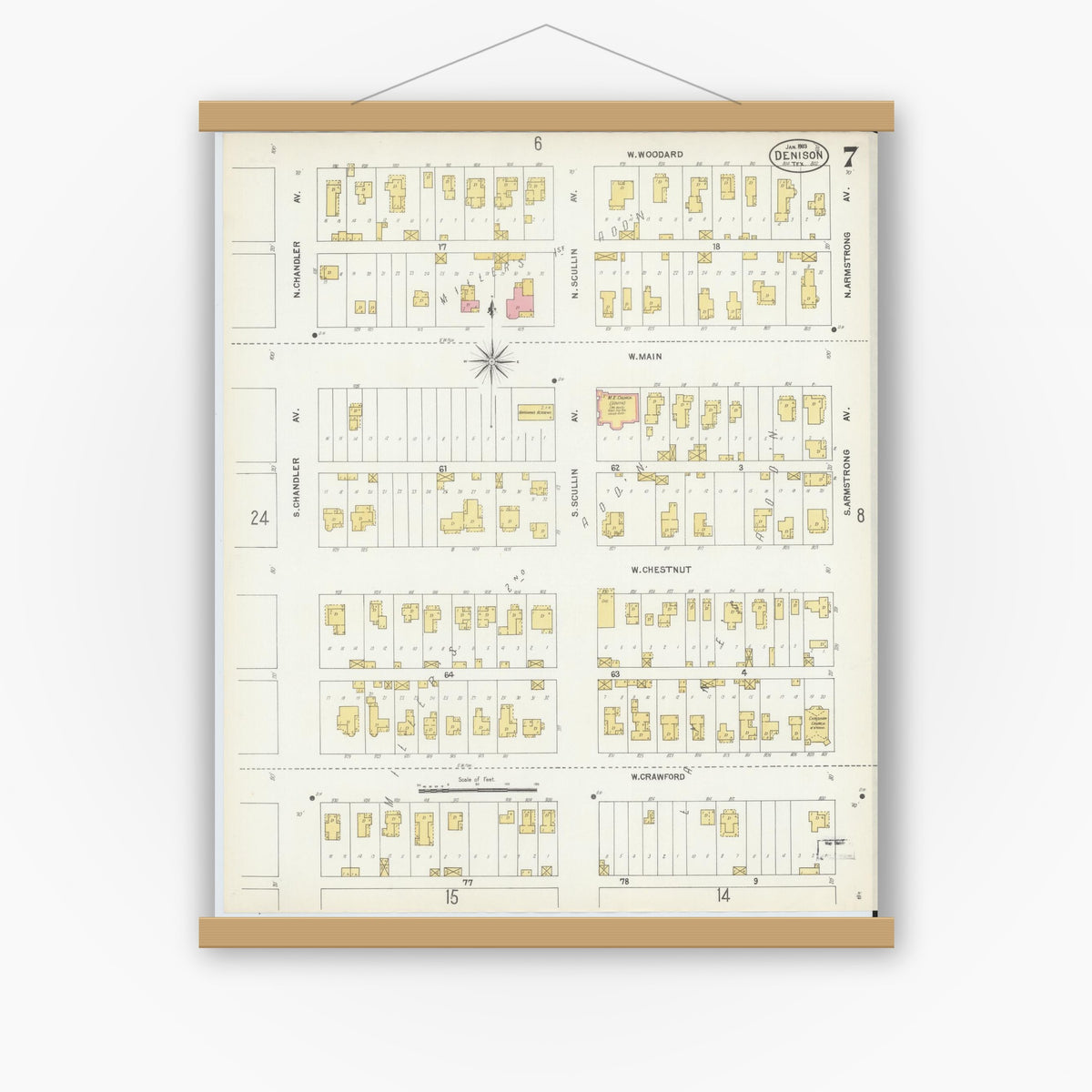 Old map wall art mockup — magnetic wood frame on white wall — Sanborn Fire Insurance Map from Denison, Grayson County, Texas (1903), Sheet #0007