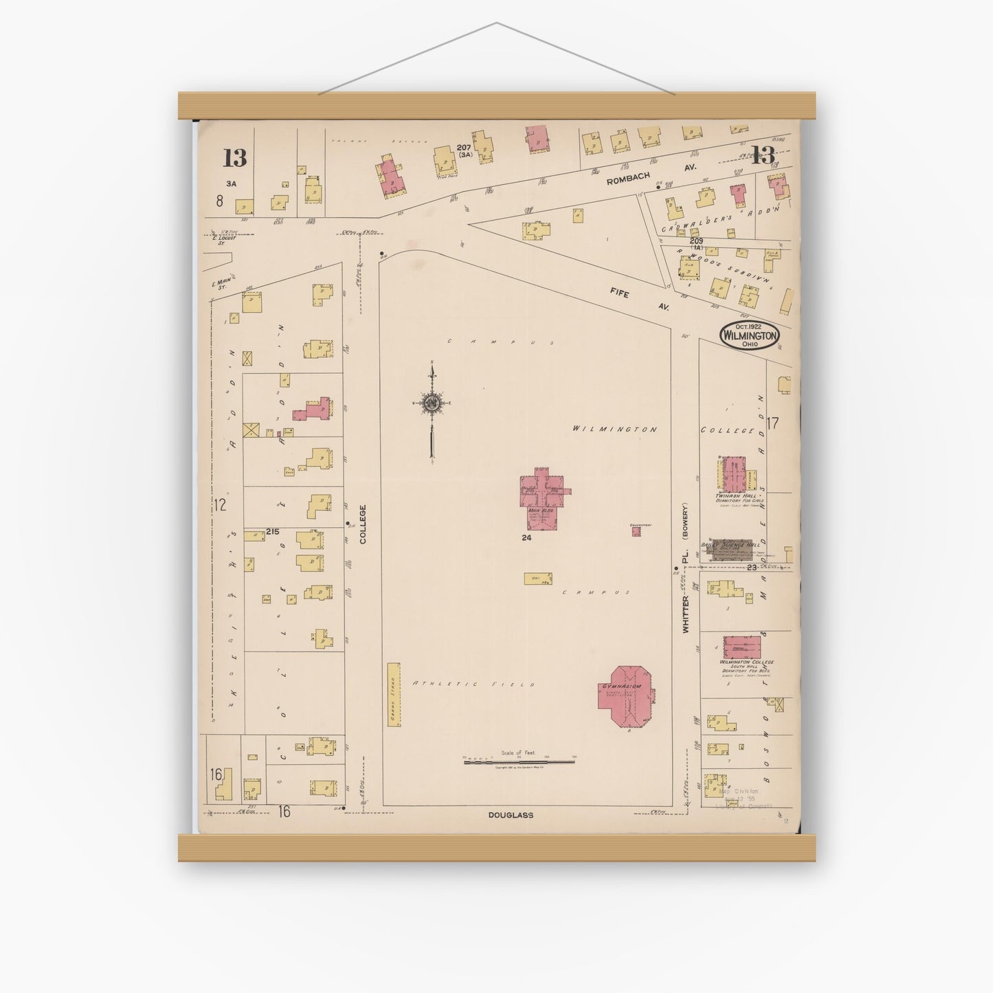Old map wall art mockup — magnetic wood frame on white wall — Sanborn Fire Insurance Map from Wilmington, Clinton County, Ohio (1922), Sheet #0013