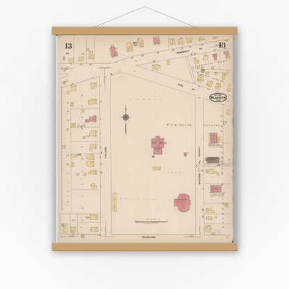Old map wall art mockup — magnetic wood frame on white wall — Sanborn Fire Insurance Map from Wilmington, Clinton County, Ohio (1922), Sheet #0013