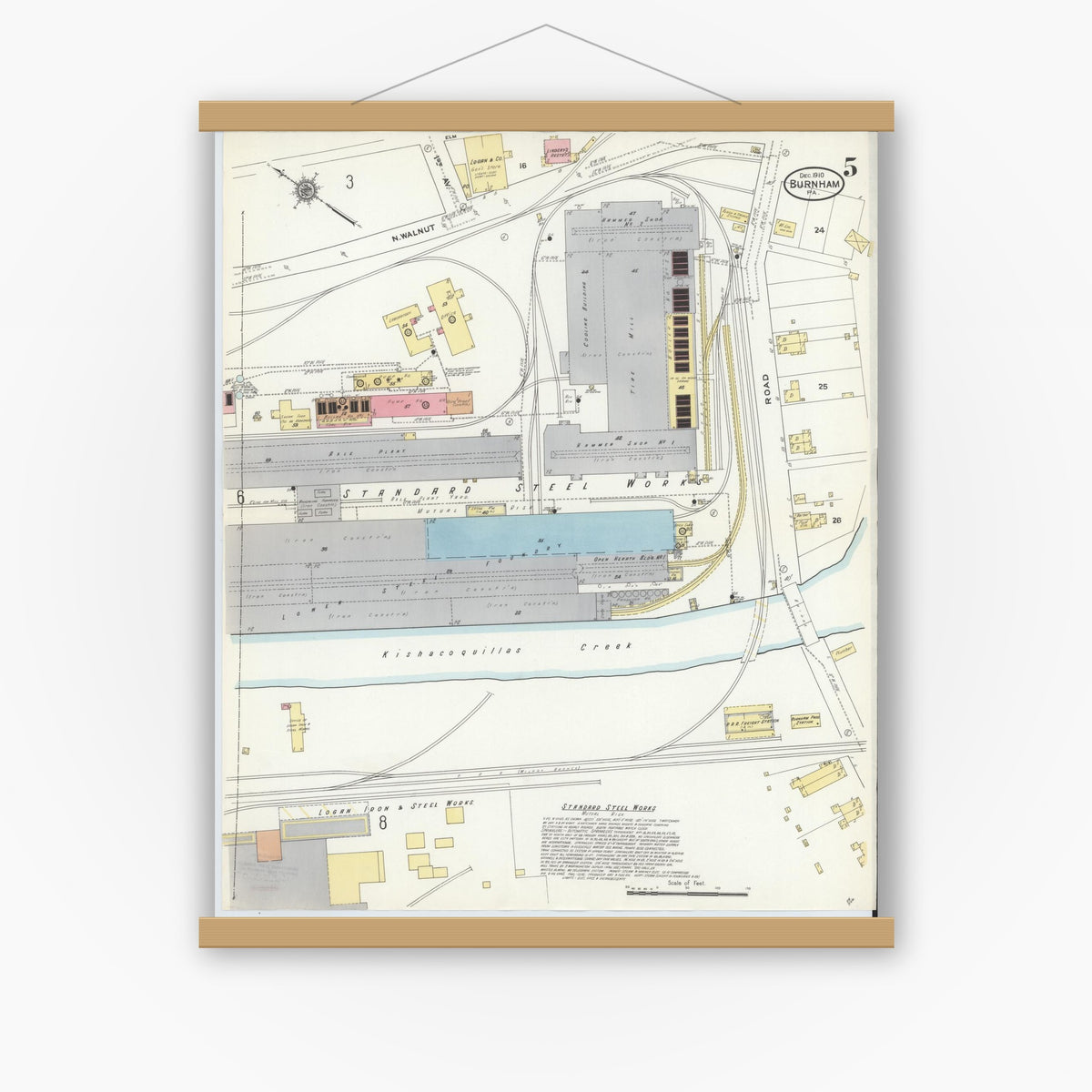Old map wall art mockup — magnetic wood frame on white wall — Sanborn Fire Insurance Map from Burnham, Mifflin County, Pennsylvania (1910), Sheet #0005