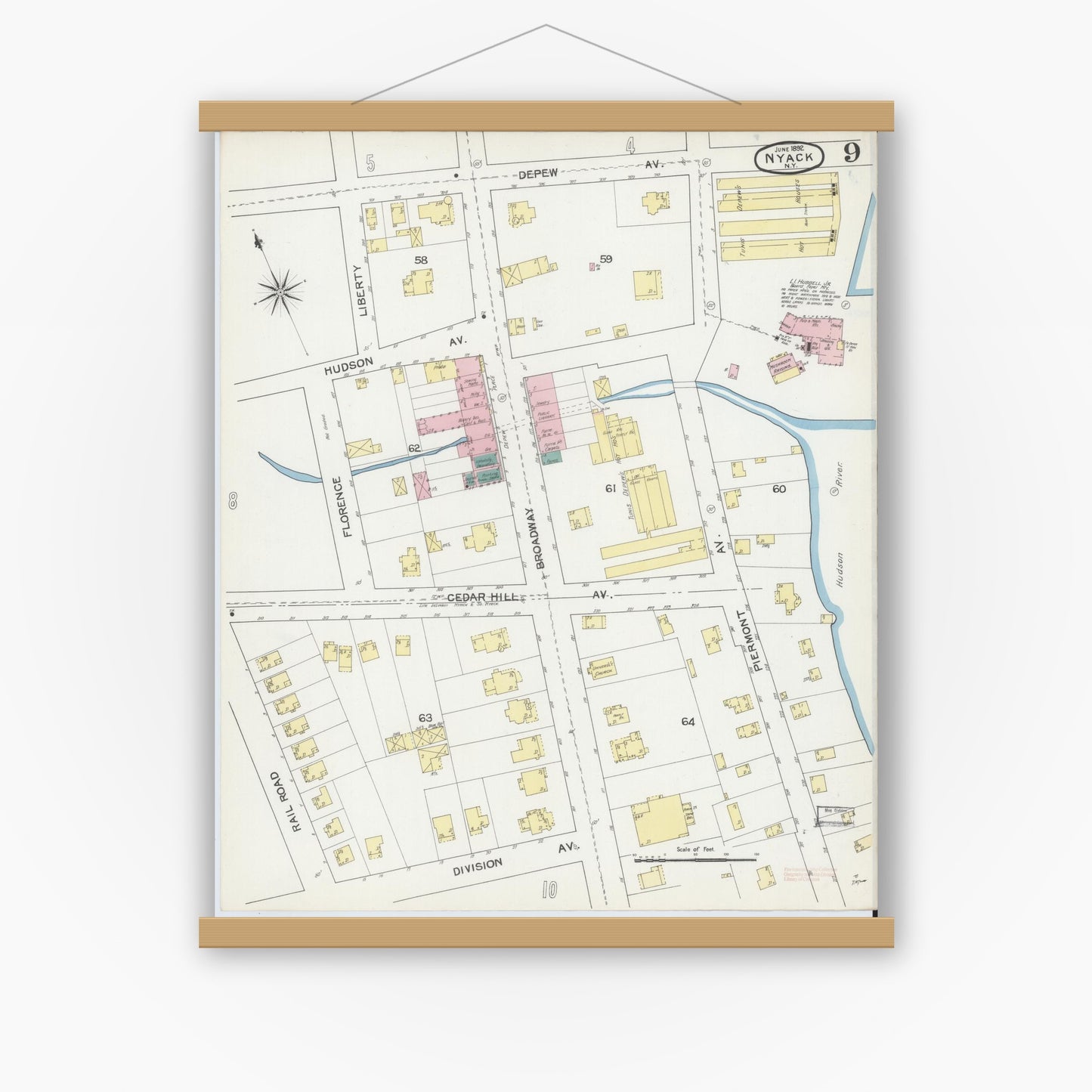 Old map wall art mockup — magnetic wood frame on white wall — Sanborn Fire Insurance Map from Nyack, Rockland County, New York. (1892), Sheet #0009