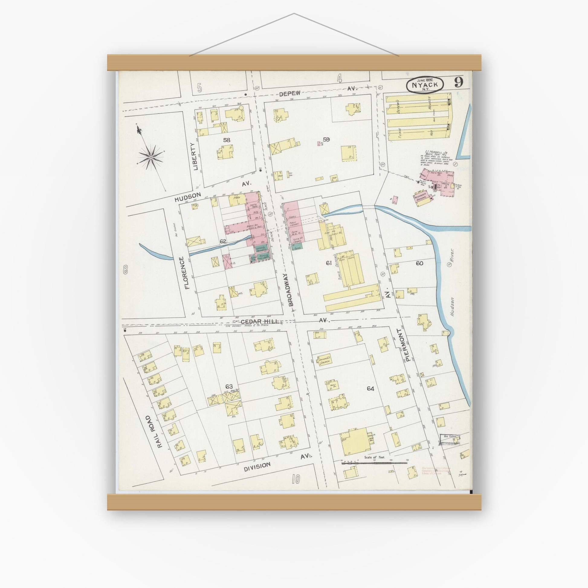 Old map wall art mockup — magnetic wood frame on white wall — Sanborn Fire Insurance Map from Nyack, Rockland County, New York. (1892), Sheet #0009